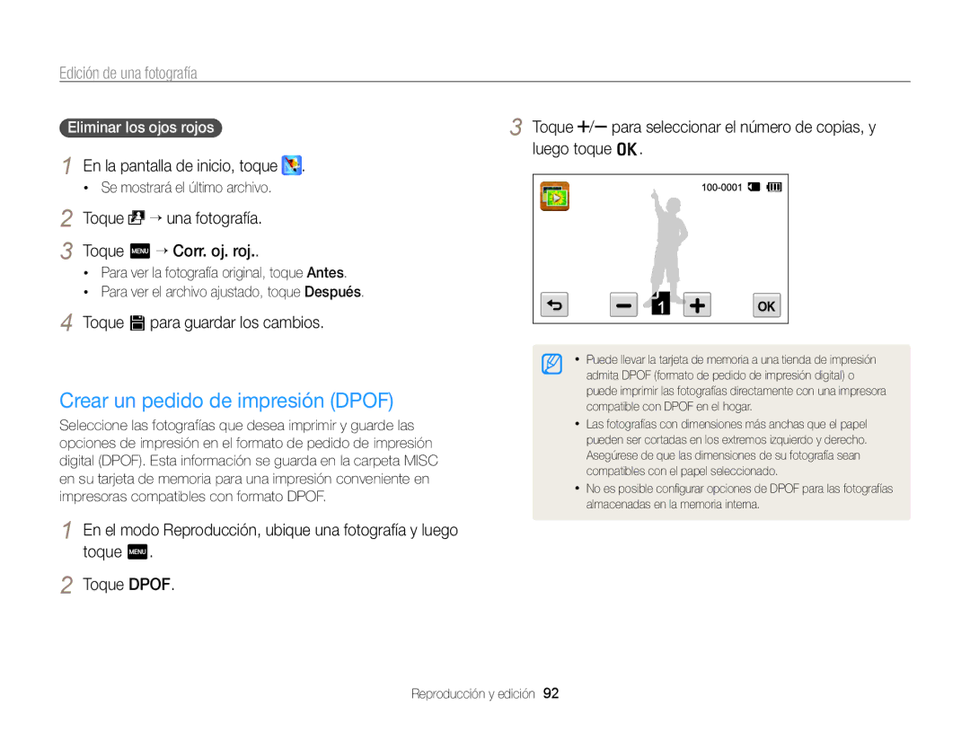 Samsung EC-WB210ZBPBE1, EC-WB210ZBPRE1 Crear un pedido de impresión Dpof, Toque “ una fotografía Toque m “ Corr. oj. roj 