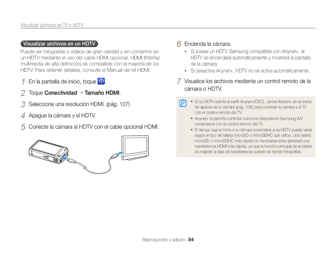 Samsung EC-WB210ZBPBE1 Visualizar archivos en TV o Hdtv, Toque Conectividad “ Tamaño Hdmi, Apague la cámara y el Hdtv 