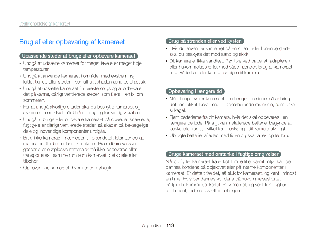 Samsung EC-WB210ZBPSE2, EC-WB210ZBPBE2 manual Brug af eller opbevaring af kameraet, Vedligeholdelse af kameraet 