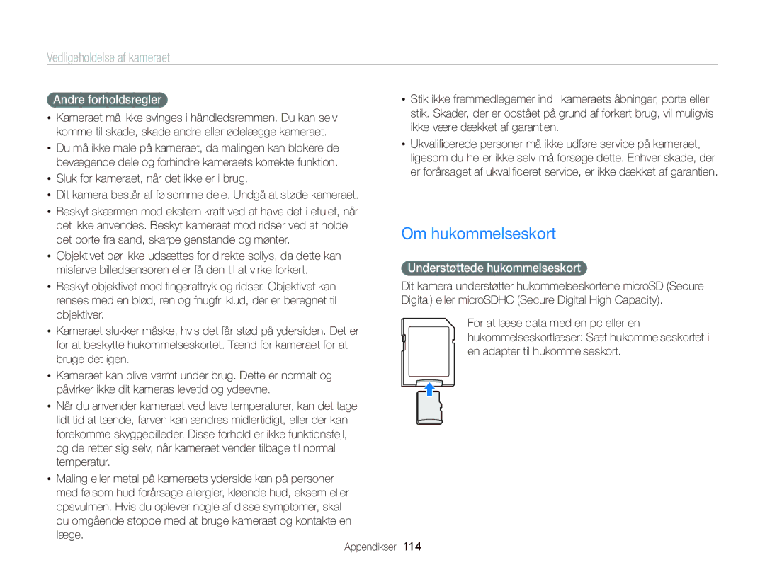 Samsung EC-WB210ZBPBE2, EC-WB210ZBPSE2 manual Om hukommelseskort, Andre forholdsregler, Understøttede hukommelseskort, 114 