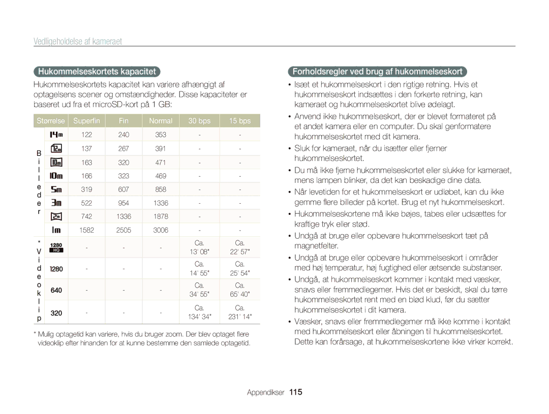Samsung EC-WB210ZBPSE2, EC-WB210ZBPBE2 manual Hukommelseskortets kapacitet, Forholdsregler ved brug af hukommelseskort 