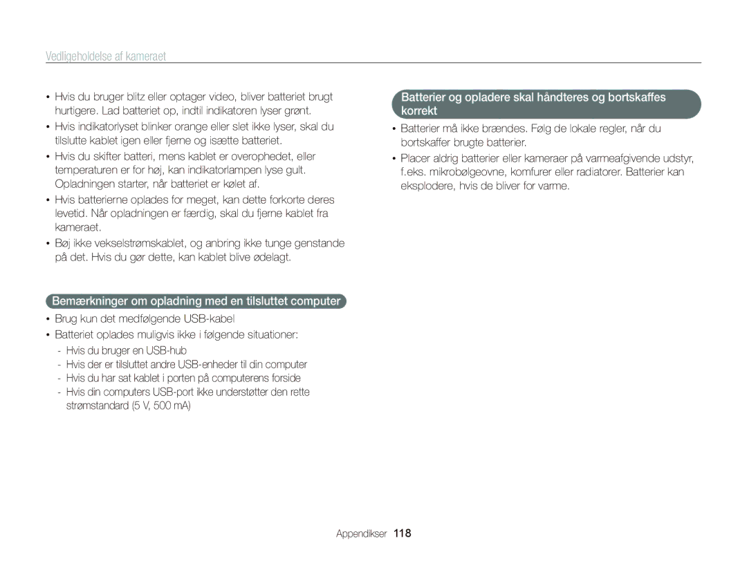 Samsung EC-WB210ZBPBE2, EC-WB210ZBPSE2 manual Bemærkninger om opladning med en tilsluttet computer 