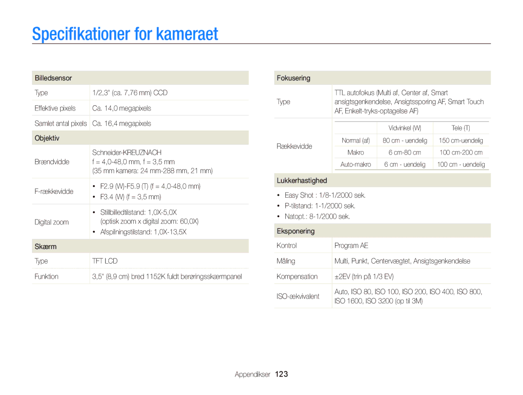 Samsung EC-WB210ZBPSE2, EC-WB210ZBPBE2 manual Speciﬁkationer for kameraet 