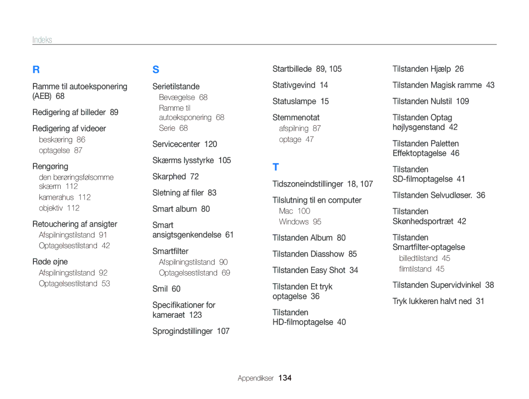 Samsung EC-WB210ZBPBE2 manual Beskæring 86 optagelse, Afspilningstilstand Optagelsestilstand, Afspilning 87 optage 