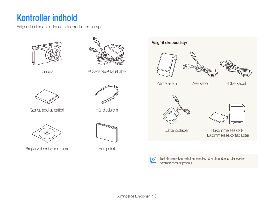 Samsung EC-WB210ZBPSE2, EC-WB210ZBPBE2 manual Kontroller indhold, Almindelige funktioner 