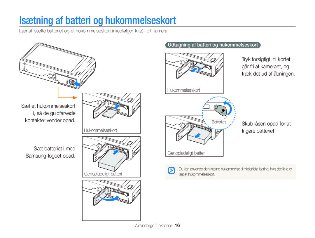 Samsung EC-WB210ZBPBE2 Isætning af batteri og hukommelseskort, Frigøre batteriet, Udtagning af batteri og hukommelseskort 