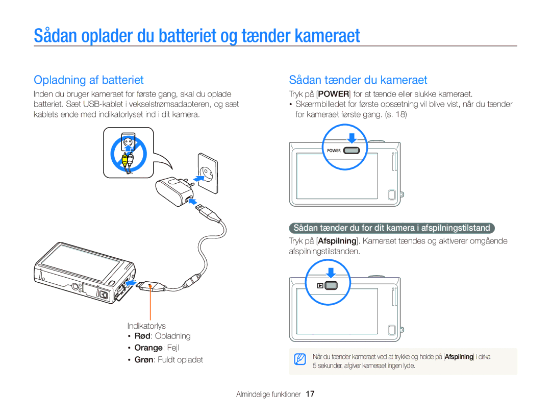 Samsung EC-WB210ZBPSE2 Sådan oplader du batteriet og tænder kameraet, Opladning af batteriet, Sådan tænder du kameraet 