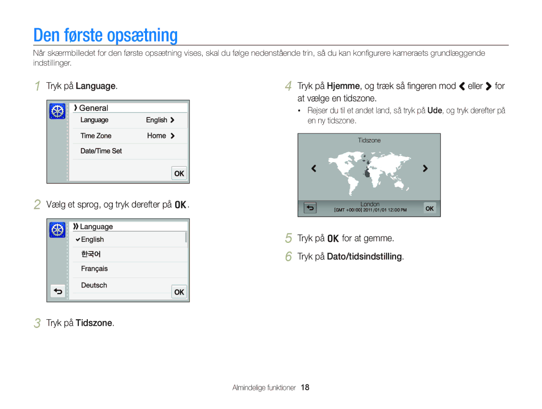 Samsung EC-WB210ZBPBE2 Den første opsætning, Tryk på Language, At vælge en tidszone, Vælg et sprog, og tryk derefter på o 