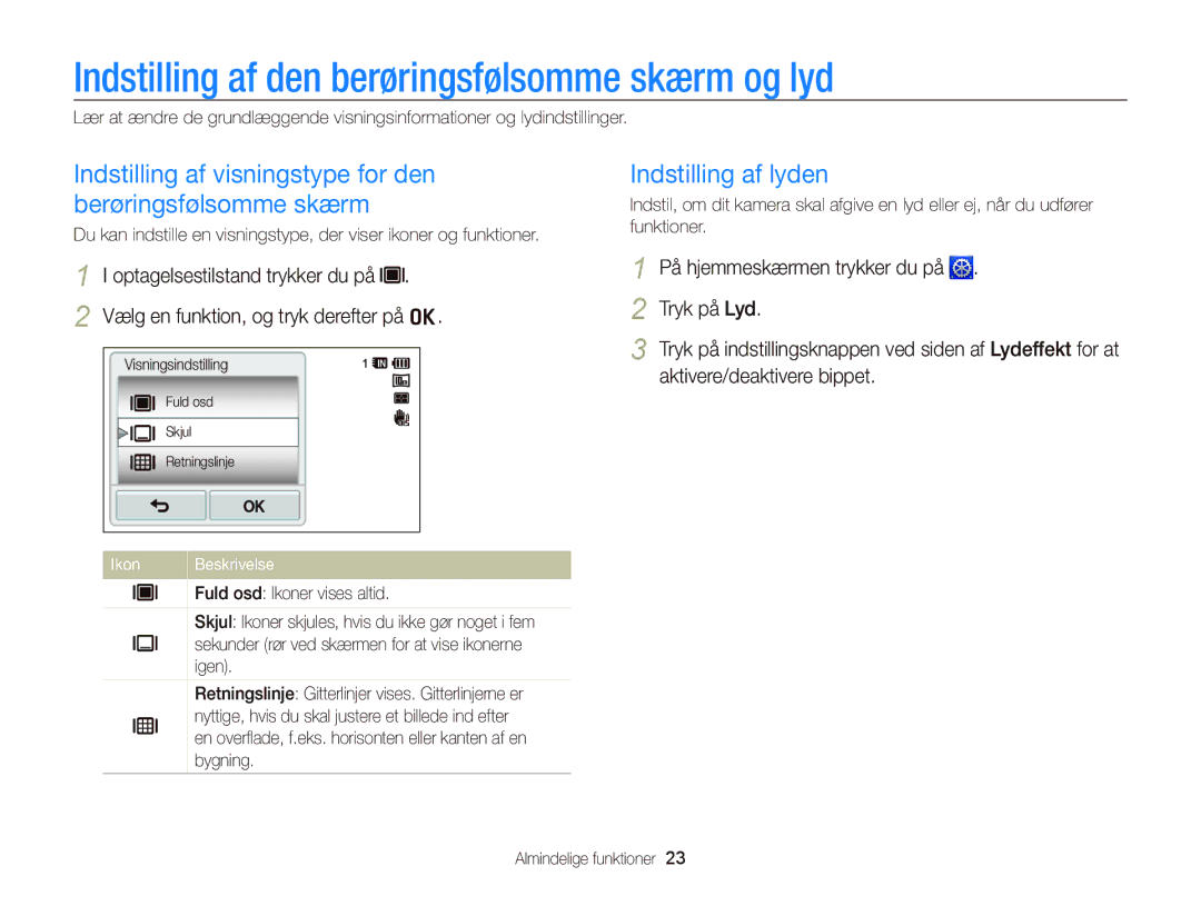 Samsung EC-WB210ZBPSE2, EC-WB210ZBPBE2 manual Indstilling af den berøringsfølsomme skærm og lyd, Indstilling af lyden 