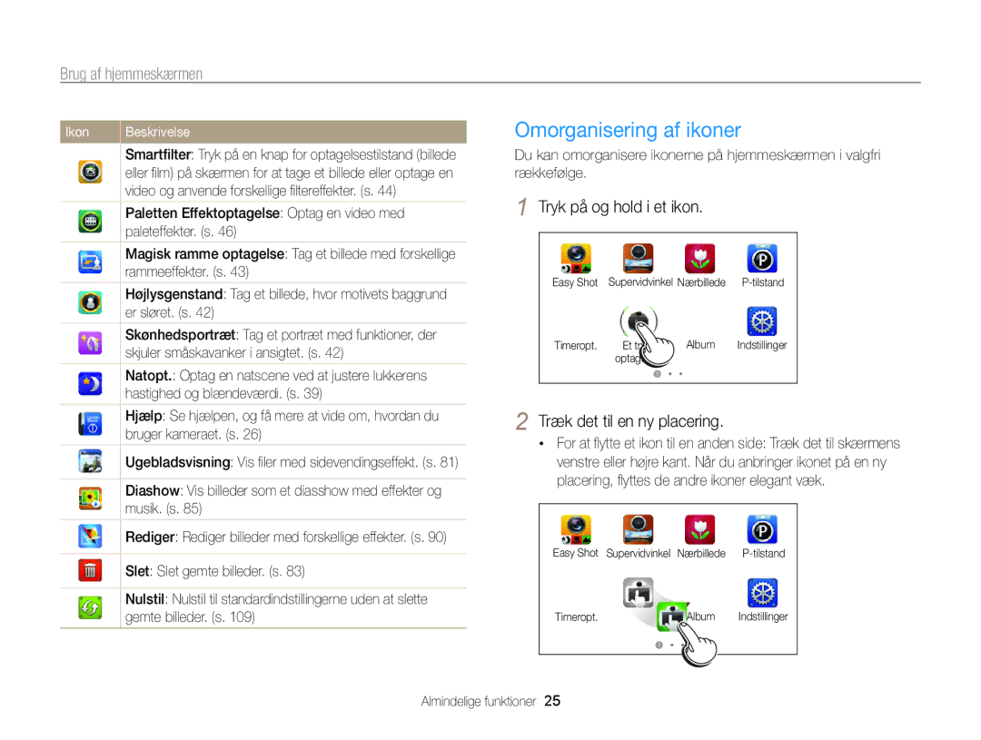 Samsung EC-WB210ZBPSE2, EC-WB210ZBPBE2 manual Omorganisering af ikoner, Brug af hjemmeskærmen, Tryk på og hold i et ikon 