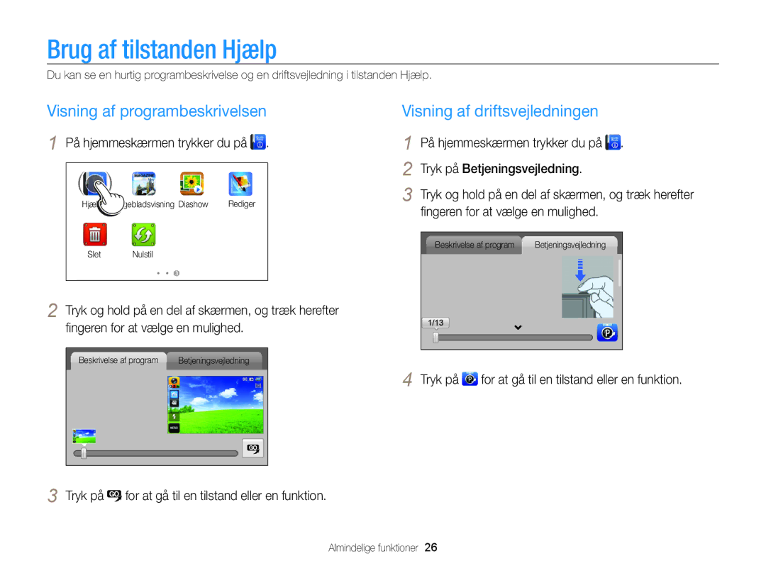 Samsung EC-WB210ZBPBE2 Brug af tilstanden Hjælp, Visning af programbeskrivelsen, Visning af driftsvejledningen, Tryk på 