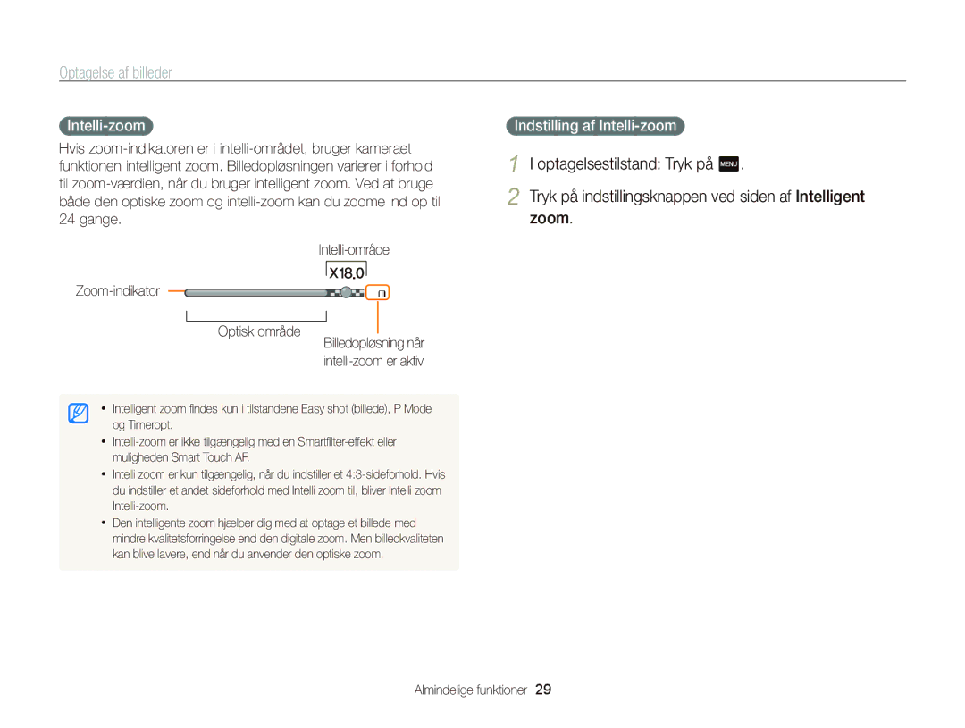 Samsung EC-WB210ZBPSE2, EC-WB210ZBPBE2 manual Indstilling af Intelli-zoom 