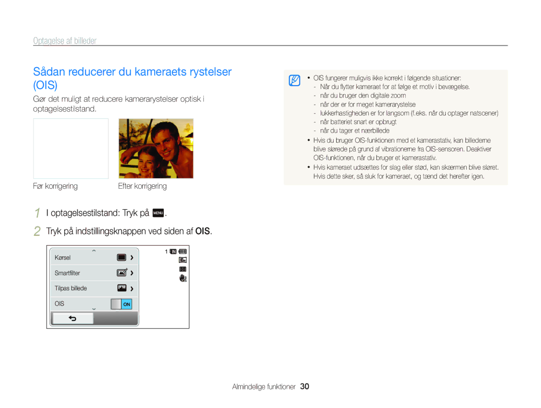 Samsung EC-WB210ZBPBE2, EC-WB210ZBPSE2 manual Sådan reducerer du kameraets rystelser OIS 