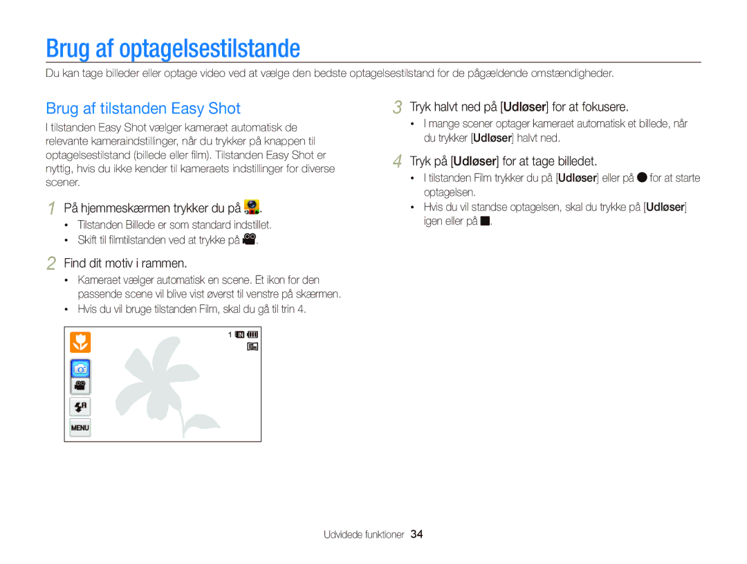 Samsung EC-WB210ZBPBE2, EC-WB210ZBPSE2 Brug af optagelsestilstande, Brug af tilstanden Easy Shot, Find dit motiv i rammen 