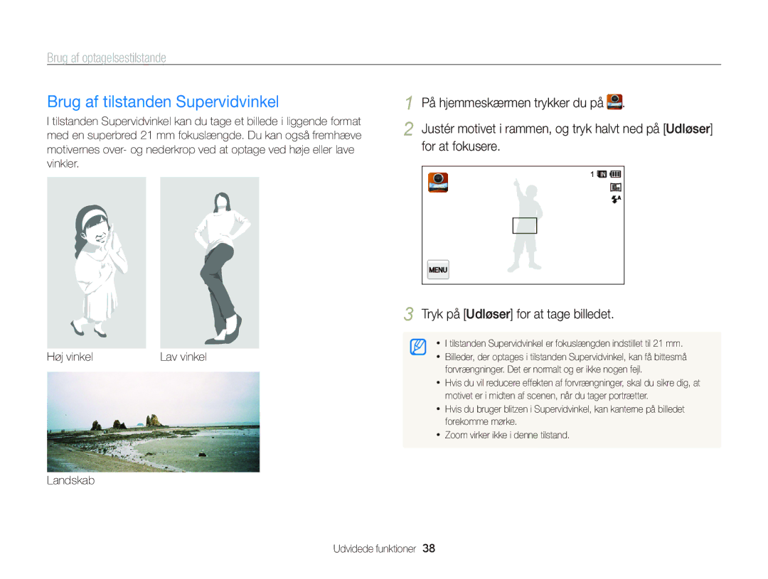 Samsung EC-WB210ZBPBE2, EC-WB210ZBPSE2 manual Brug af tilstanden Supervidvinkel, Høj vinkel, Landskab Udvidede funktioner 