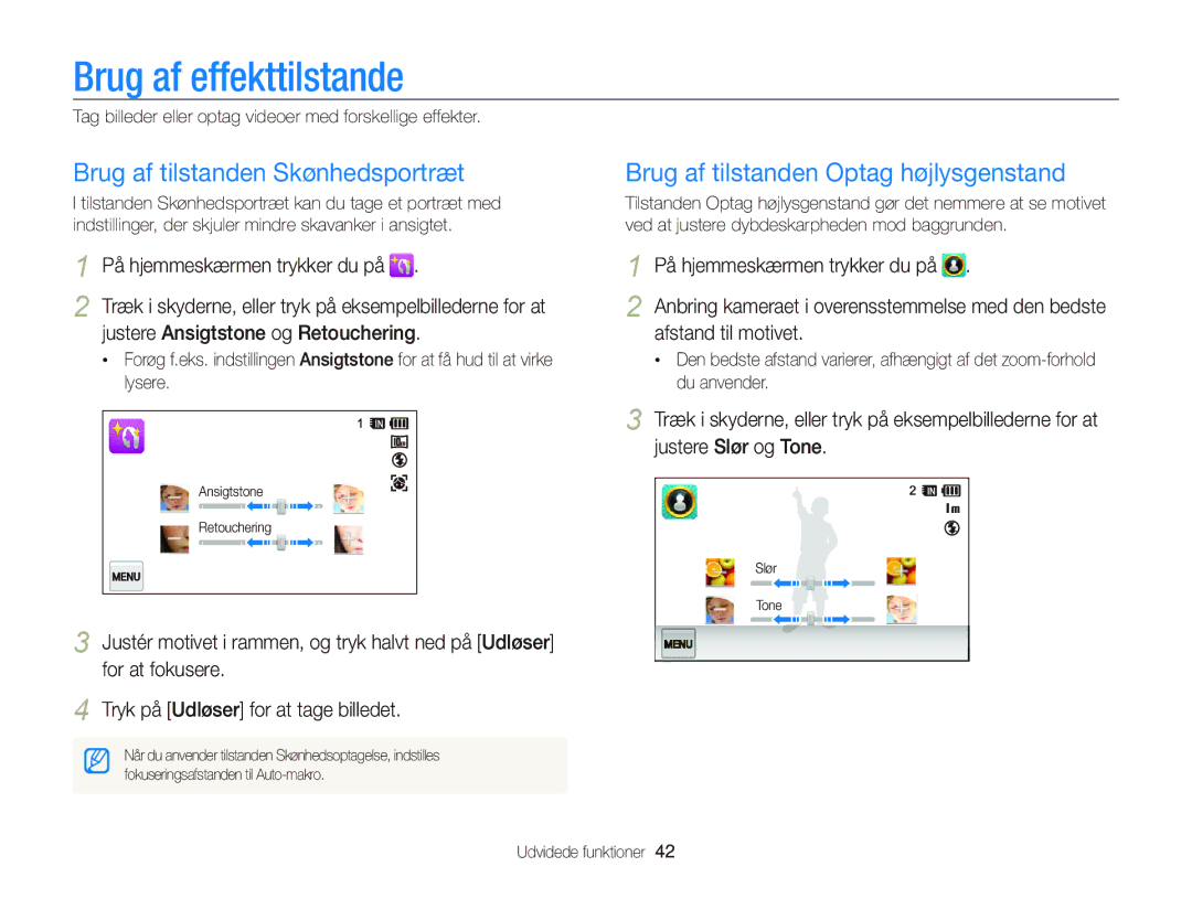Samsung EC-WB210ZBPBE2, EC-WB210ZBPSE2 manual Brug af effekttilstande, Brug af tilstanden Skønhedsportræt 