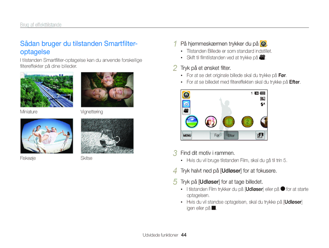 Samsung EC-WB210ZBPBE2, EC-WB210ZBPSE2 Sådan bruger du tilstanden Smartﬁlter- optagelse, Tryk på et ønsket ﬁlter, Fiskeøje 