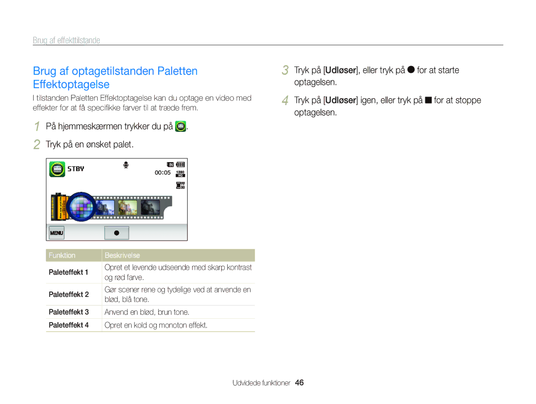 Samsung EC-WB210ZBPBE2 manual Brug af optagetilstanden Paletten Effektoptagelse, Paleteffekt, Og rød farve, Blød, blå tone 