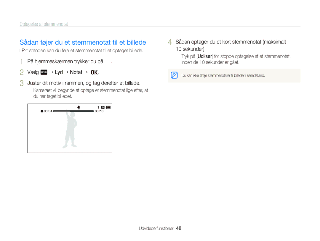 Samsung EC-WB210ZBPBE2, EC-WB210ZBPSE2 manual Sådan føjer du et stemmenotat til et billede, Optagelse af stemmenotat 