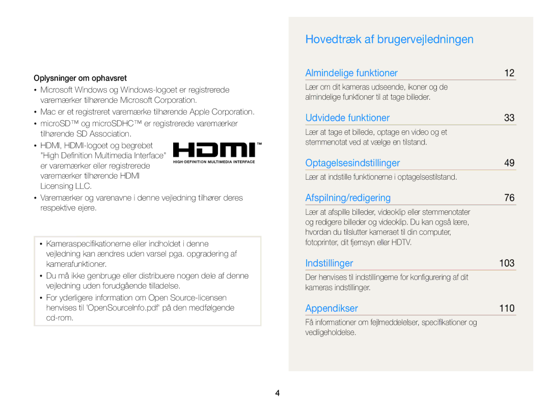 Samsung EC-WB210ZBPBE2, EC-WB210ZBPSE2 manual Hovedtræk af brugervejledningen, 103, 110 