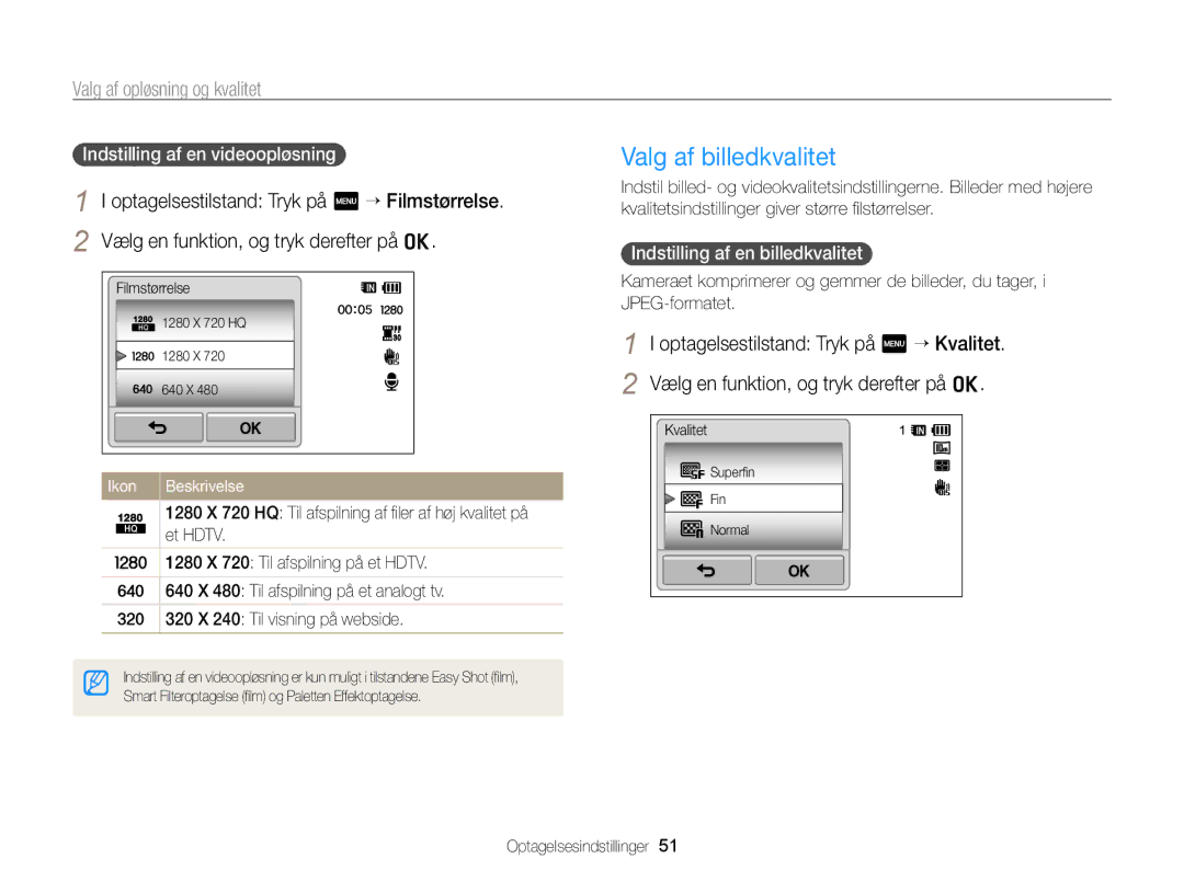 Samsung EC-WB210ZBPSE2 manual Valg af billedkvalitet, Valg af opløsning og kvalitet, Indstilling af en videoopløsning 