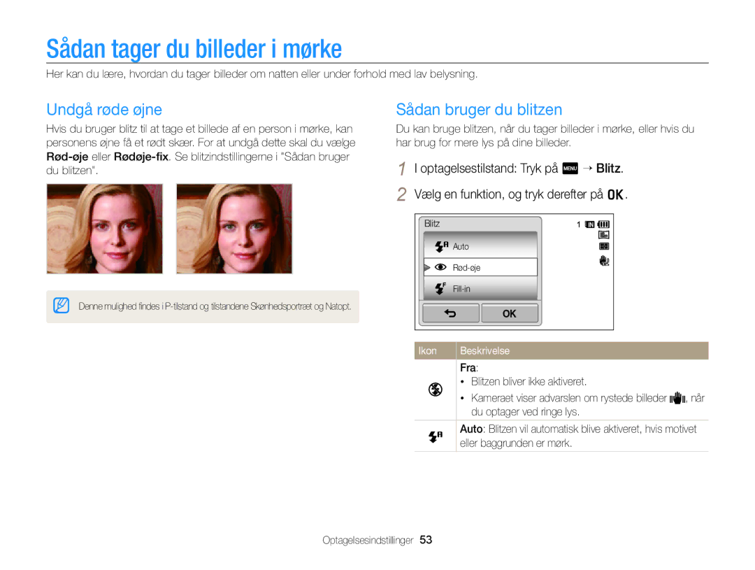 Samsung EC-WB210ZBPSE2, EC-WB210ZBPBE2 Sådan tager du billeder i mørke, Undgå røde øjne, Sådan bruger du blitzen, Ikon 