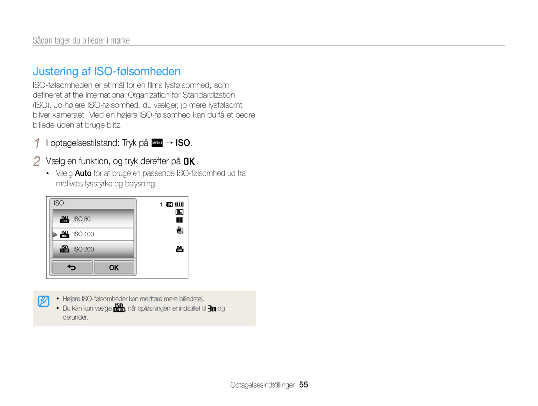 Samsung EC-WB210ZBPSE2, EC-WB210ZBPBE2 manual Justering af ISO-følsomheden, Iso 