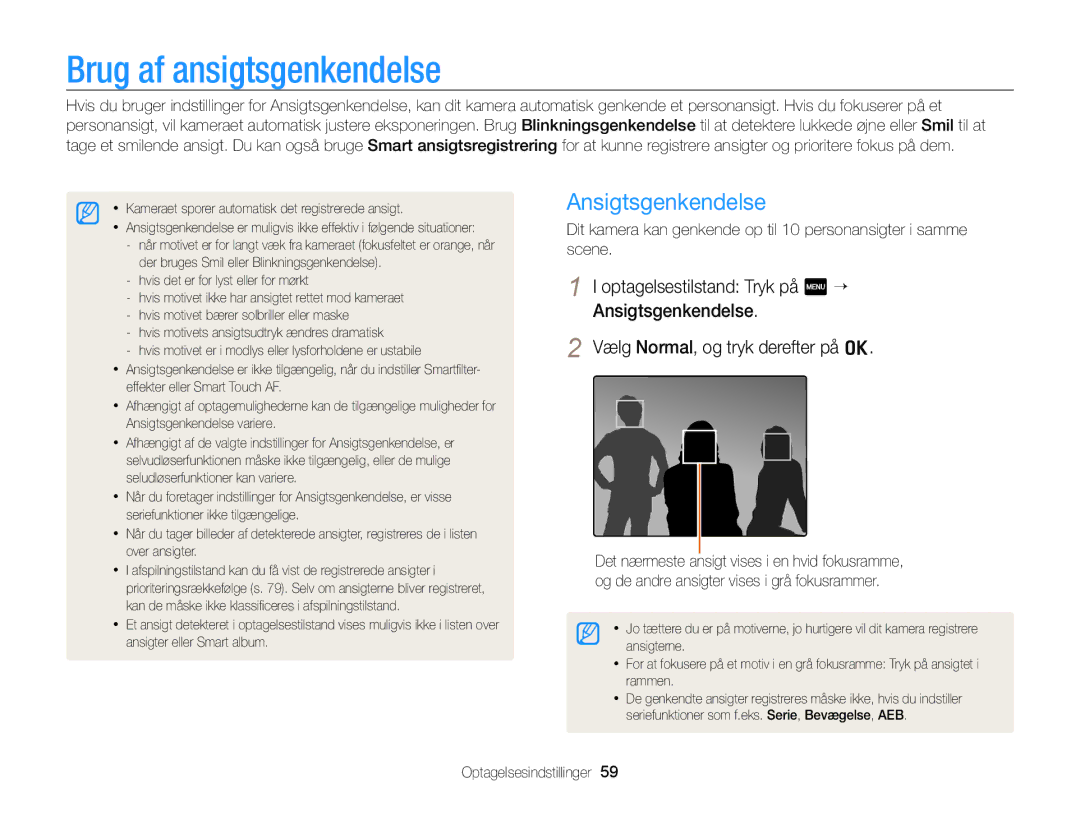 Samsung EC-WB210ZBPSE2, EC-WB210ZBPBE2 manual Brug af ansigtsgenkendelse, Ansigtsgenkendelse 