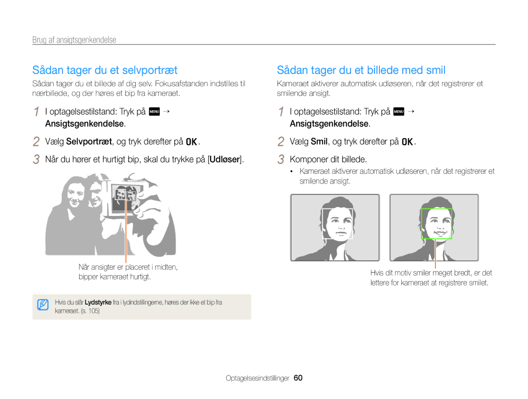 Samsung EC-WB210ZBPBE2 manual Sådan tager du et selvportræt, Sådan tager du et billede med smil, Brug af ansigtsgenkendelse 