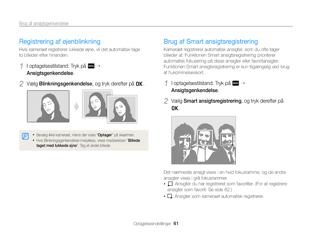 Samsung EC-WB210ZBPSE2, EC-WB210ZBPBE2 manual Registrering af øjenblinkning, Brug af Smart ansigtsregistrering 