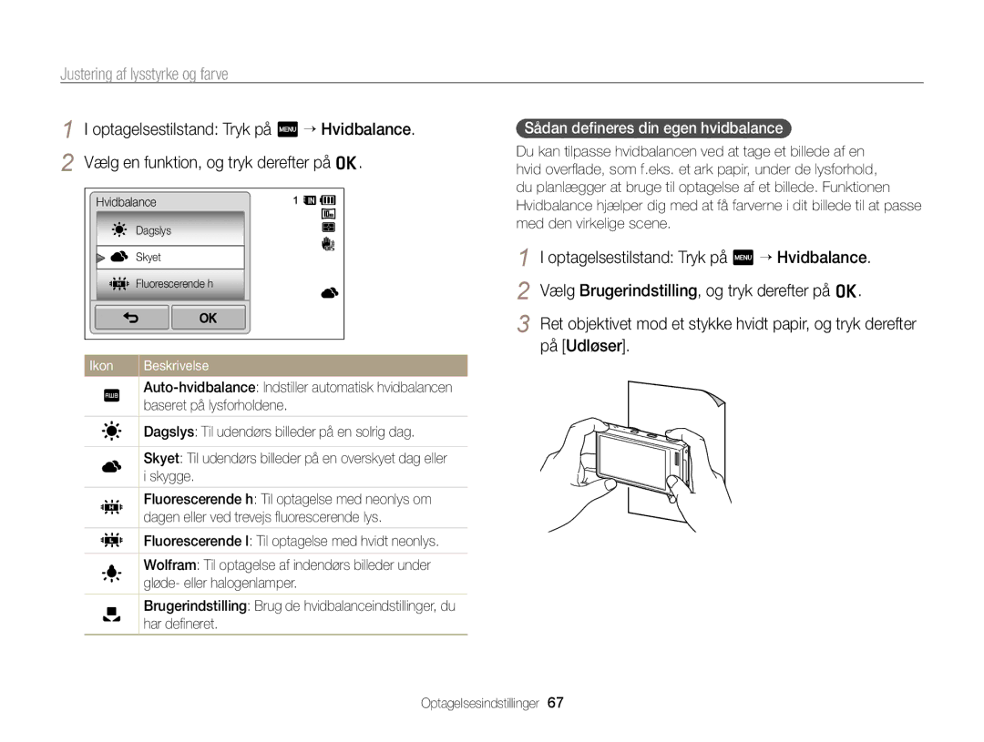 Samsung EC-WB210ZBPSE2, EC-WB210ZBPBE2 manual Sådan deﬁneres din egen hvidbalance 