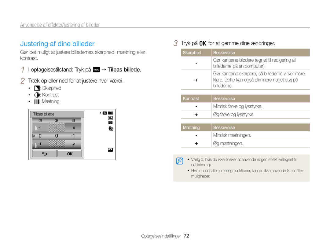 Samsung EC-WB210ZBPBE2 Justering af dine billeder, Skarphed Beskrivelse, Billederne på en computer, Kontrast, Mætning 