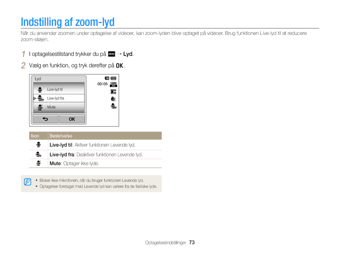 Samsung EC-WB210ZBPSE2, EC-WB210ZBPBE2 manual Indstilling af zoom-lyd, Ikon Beskrivelse 