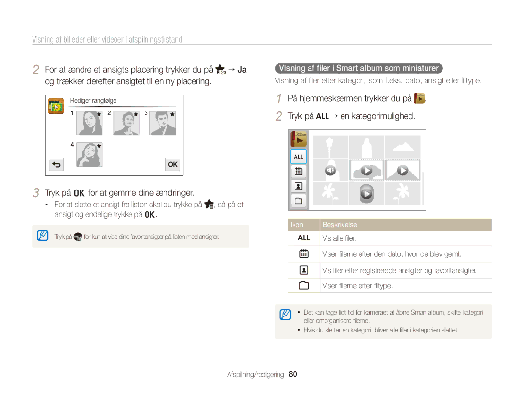 Samsung EC-WB210ZBPBE2 manual Tryk på ofor at gemme dine ændringer, Visning af filer i Smart album som miniaturer  