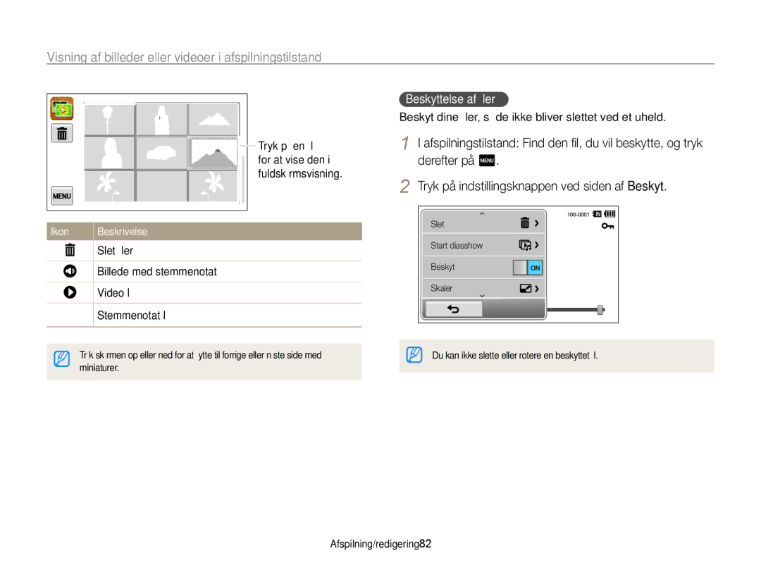 Samsung EC-WB210ZBPBE2, EC-WB210ZBPSE2 manual Beskyttelse af ﬁler 