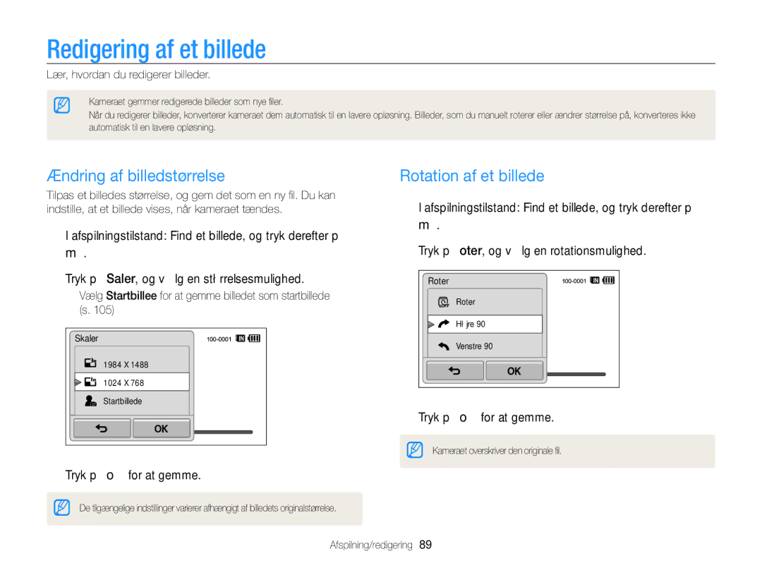 Samsung EC-WB210ZBPSE2, EC-WB210ZBPBE2 manual Redigering af et billede, Ændring af billedstørrelse, Rotation af et billede 