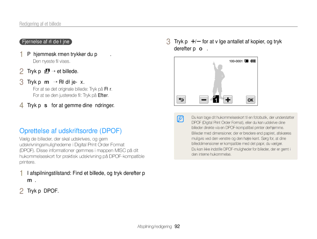 Samsung EC-WB210ZBPBE2, EC-WB210ZBPSE2 Oprettelse af udskriftsordre Dpof, Fjernelse af røde øjne, Tryk på m “ Rødøje-ﬁx 