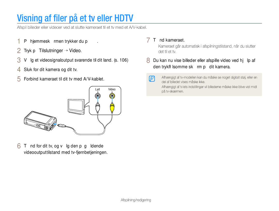 Samsung EC-WB210ZBPSE2, EC-WB210ZBPBE2 manual Visning af ﬁler på et tv eller Hdtv, Tænd kameraet 