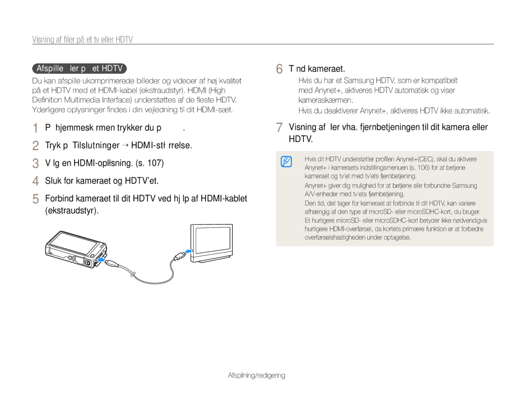 Samsung EC-WB210ZBPBE2 manual Visning af ﬁler på et tv eller Hdtv, Tryk på Tilslutninger “ HDMI-størrelse, Ekstraudstyr 