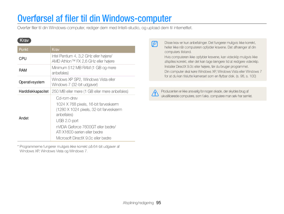 Samsung EC-WB210ZBPSE2, EC-WB210ZBPBE2 manual Overførsel af ﬁler til din Windows-computer, Punkt Krav 