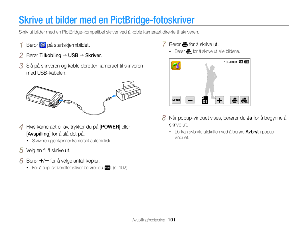Samsung EC-WB210ZBPSE2, EC-WB210ZBPBE2 manual Skrive ut bilder med en PictBridge-fotoskriver 
