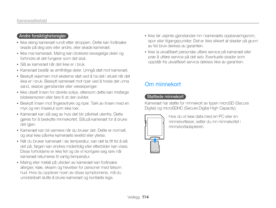 Samsung EC-WB210ZBPBE2, EC-WB210ZBPSE2 manual Om minnekort, Andre forsiktighetsregler, Støttede minnekort 