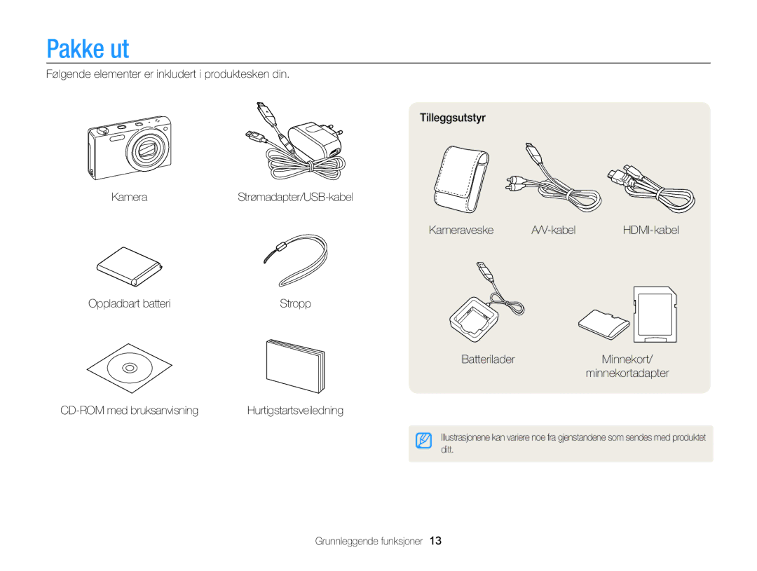 Samsung EC-WB210ZBPSE2, EC-WB210ZBPBE2 manual Pakke ut, CD-ROM med bruksanvisning, Grunnleggende funksjoner 