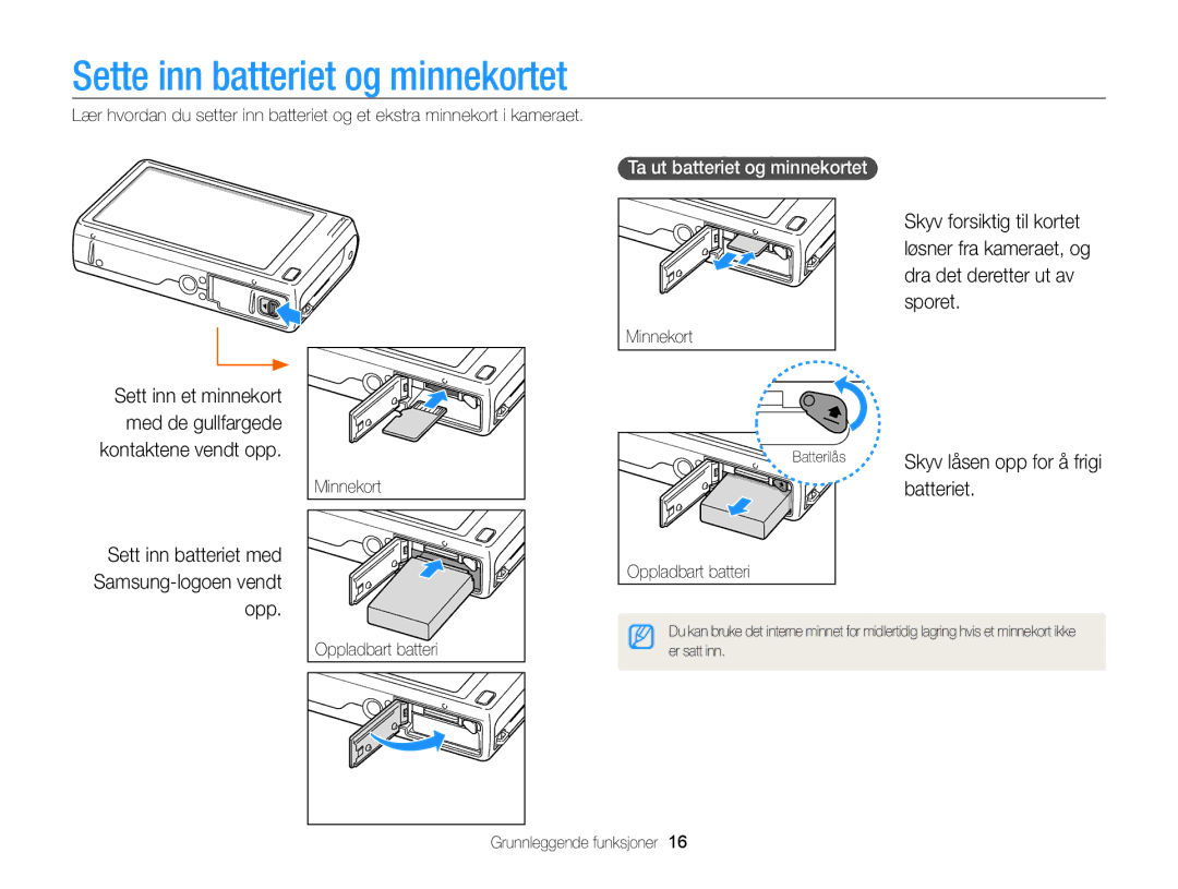 Samsung EC-WB210ZBPBE2 Sette inn batteriet og minnekortet, Sett inn batteriet med Samsung-logoen vendt opp, Batteriet 