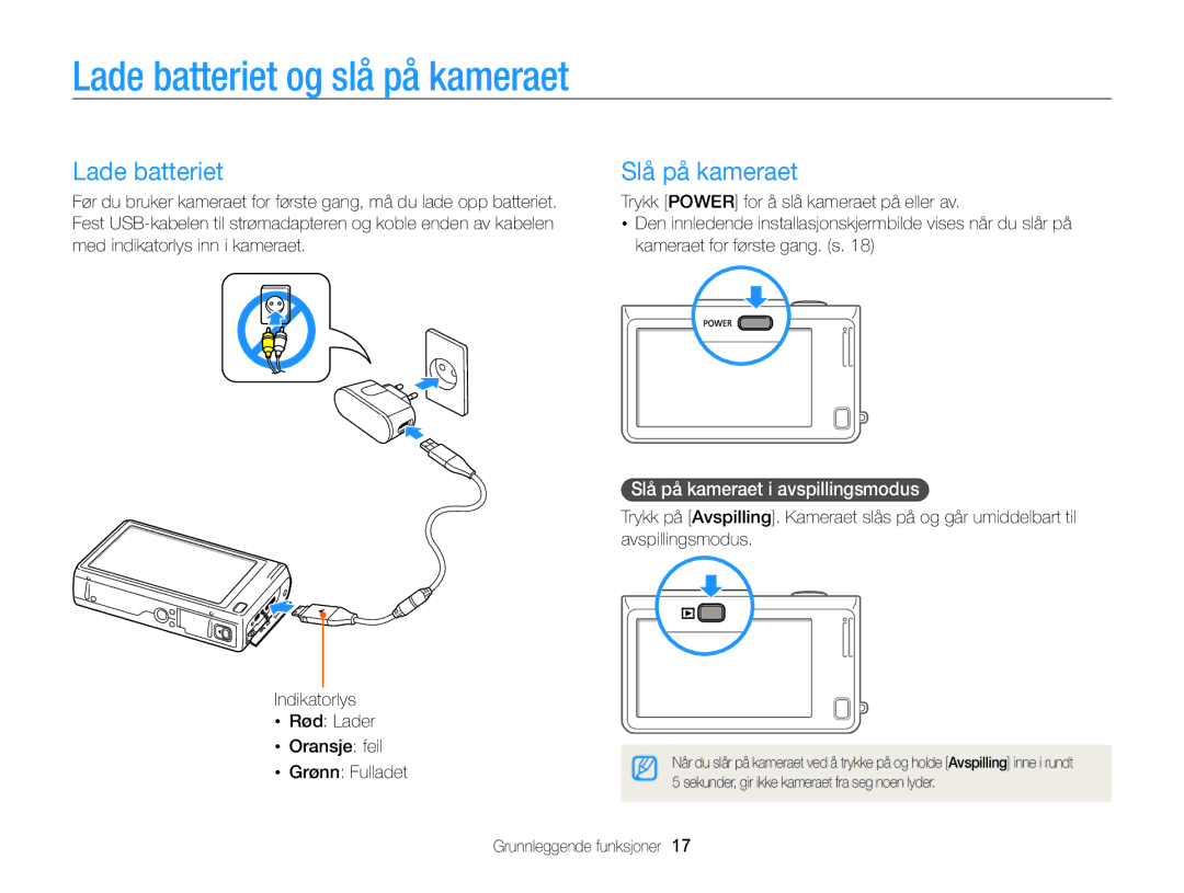 Samsung EC-WB210ZBPSE2, EC-WB210ZBPBE2 manual Lade batteriet og slå på kameraet, Slå på kameraet i avspillingsmodus 