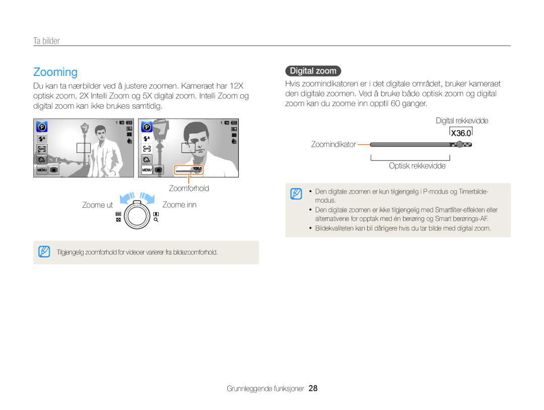 Samsung EC-WB210ZBPBE2, EC-WB210ZBPSE2 manual Zooming, Ta bilder, Digital zoom 