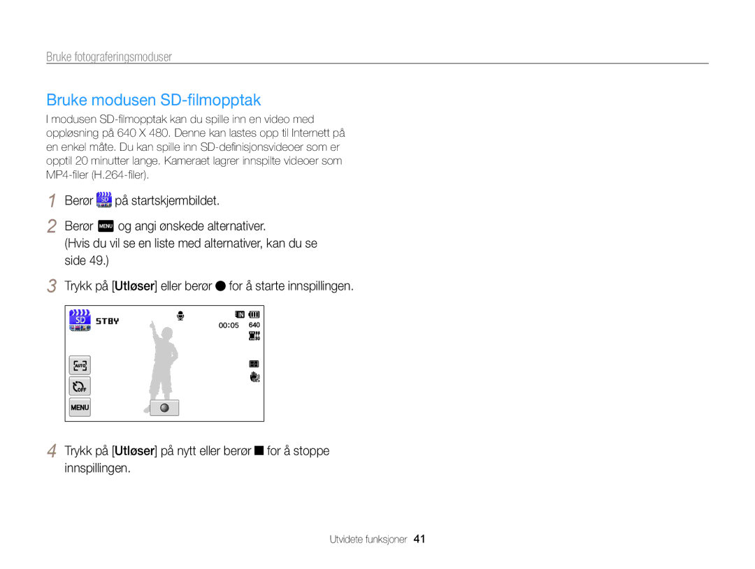 Samsung EC-WB210ZBPSE2, EC-WB210ZBPBE2 Bruke modusen SD-ﬁlmopptak, Hvis du vil se en liste med alternativer, kan du se 
