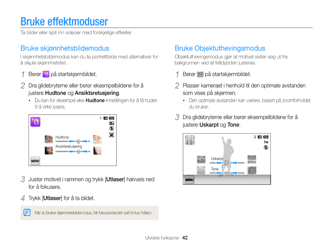 Samsung EC-WB210ZBPBE2, EC-WB210ZBPSE2 manual Bruke effektmoduser, Bruke skjønnhetsbildemodus, Bruke Objektuthevingsmodus 