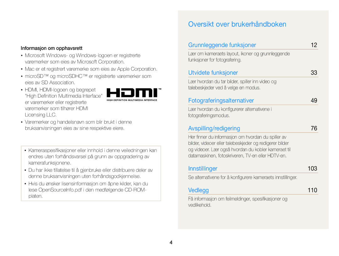 Samsung EC-WB210ZBPBE2, EC-WB210ZBPSE2 manual Oversikt over brukerhåndboken, 103, 110 