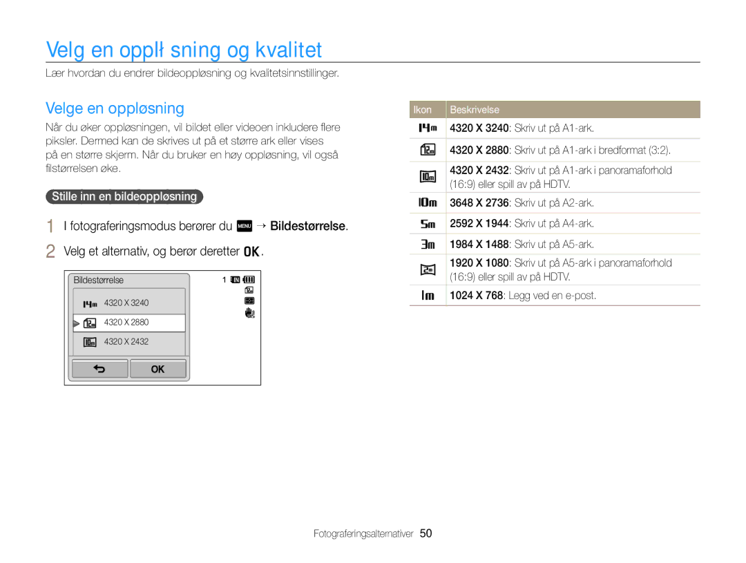 Samsung EC-WB210ZBPBE2, EC-WB210ZBPSE2 Velg en oppløsning og kvalitet, Velge en oppløsning, Stille inn en bildeoppløsning 